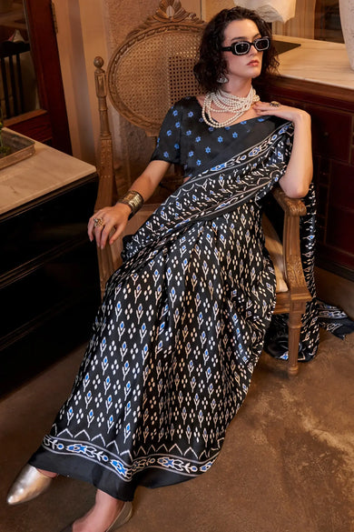Tantalizing Black Digital Printed Satin Trendy Saree With Blouse